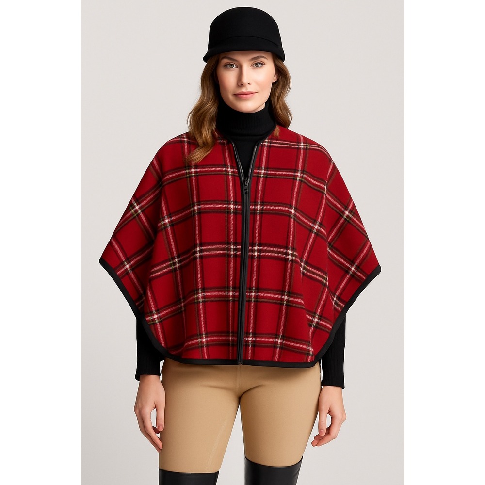 Nicole Miller Plaid Cape Poncho Women's S/M Zip Front Layer‎ Holiday Equestrian